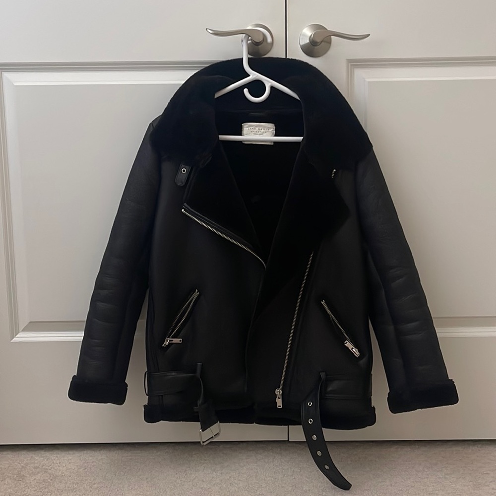 Zara shearling lined black leather jacket